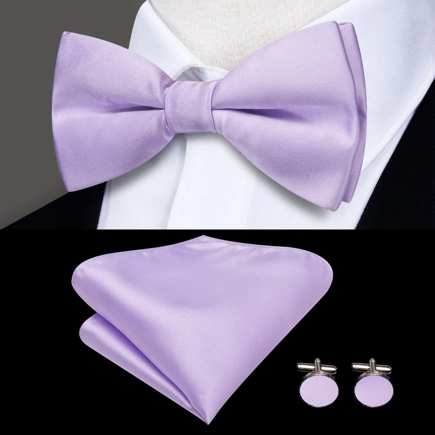 Hi-Tie Lilac Purple Solid Wedding Suspender Bowtie Hanky Cufflinks Set