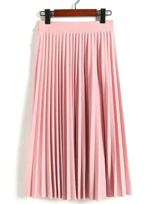 High Waist Pleated Solid Color Half Length Elastic Skirt