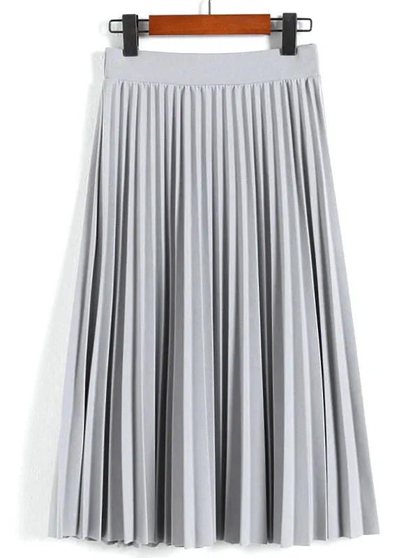 High Waist Pleated Solid Color Half Length Elastic Skirt