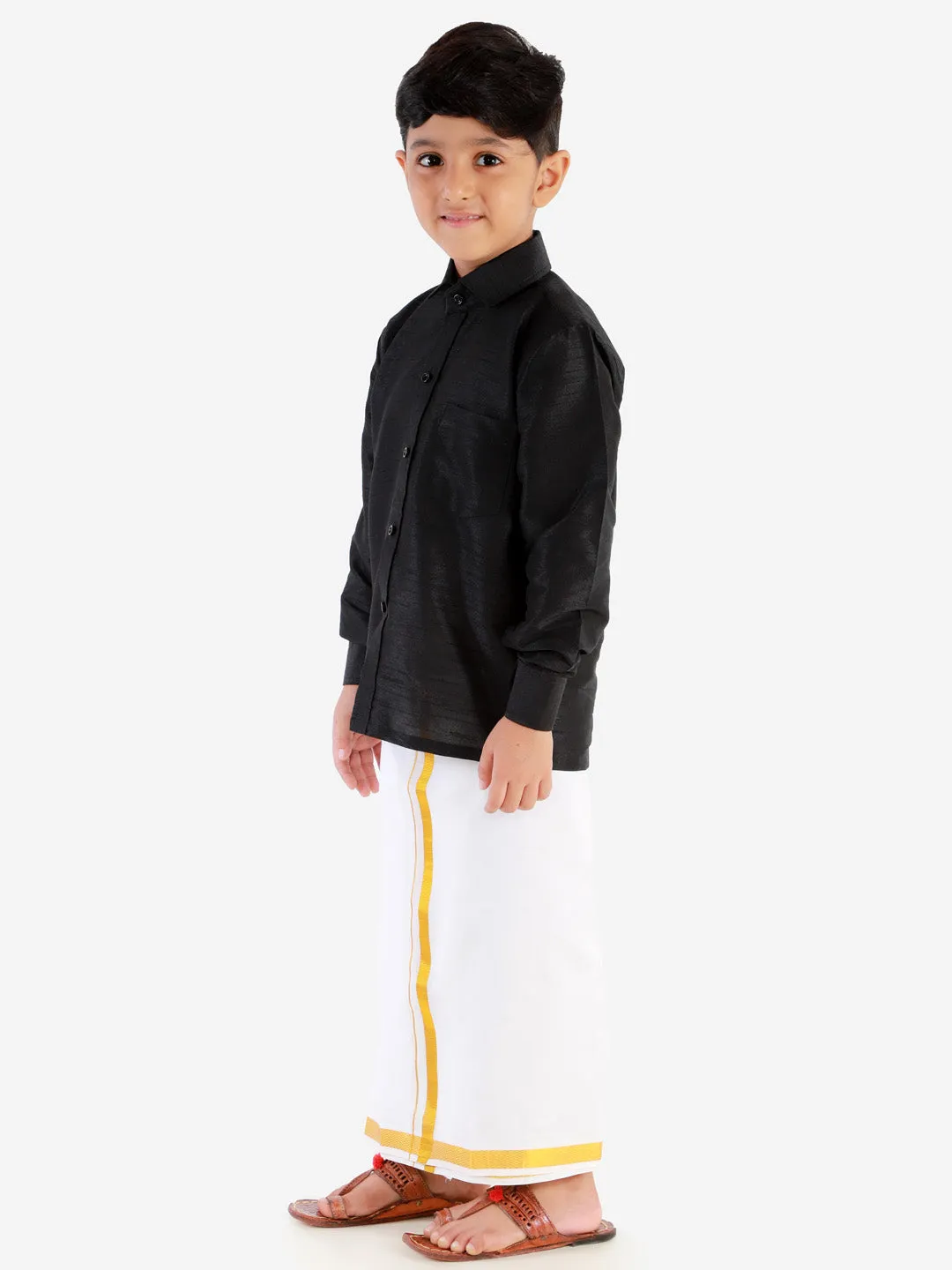 Jashvi Boys' Black Silk Long Sleeves Ethnic Shirt Mundu Vesty Style Dhoti Pant Set