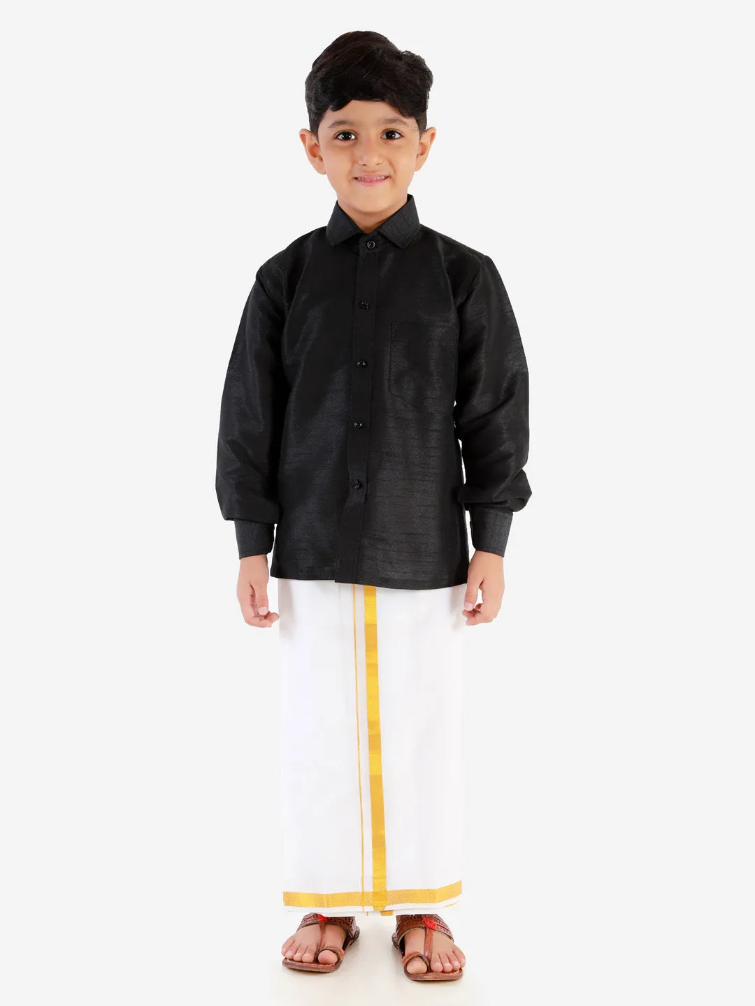 Jashvi Boys' Black Silk Long Sleeves Ethnic Shirt Mundu Vesty Style Dhoti Pant Set