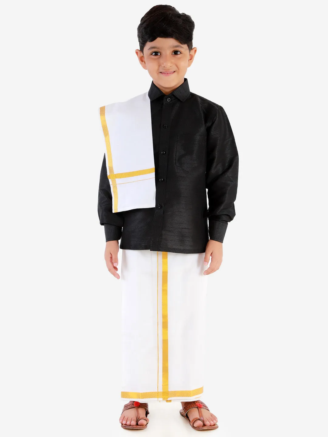 Jashvi Boys' Black Silk Long Sleeves Ethnic Shirt Mundu Vesty Style Dhoti Pant Set