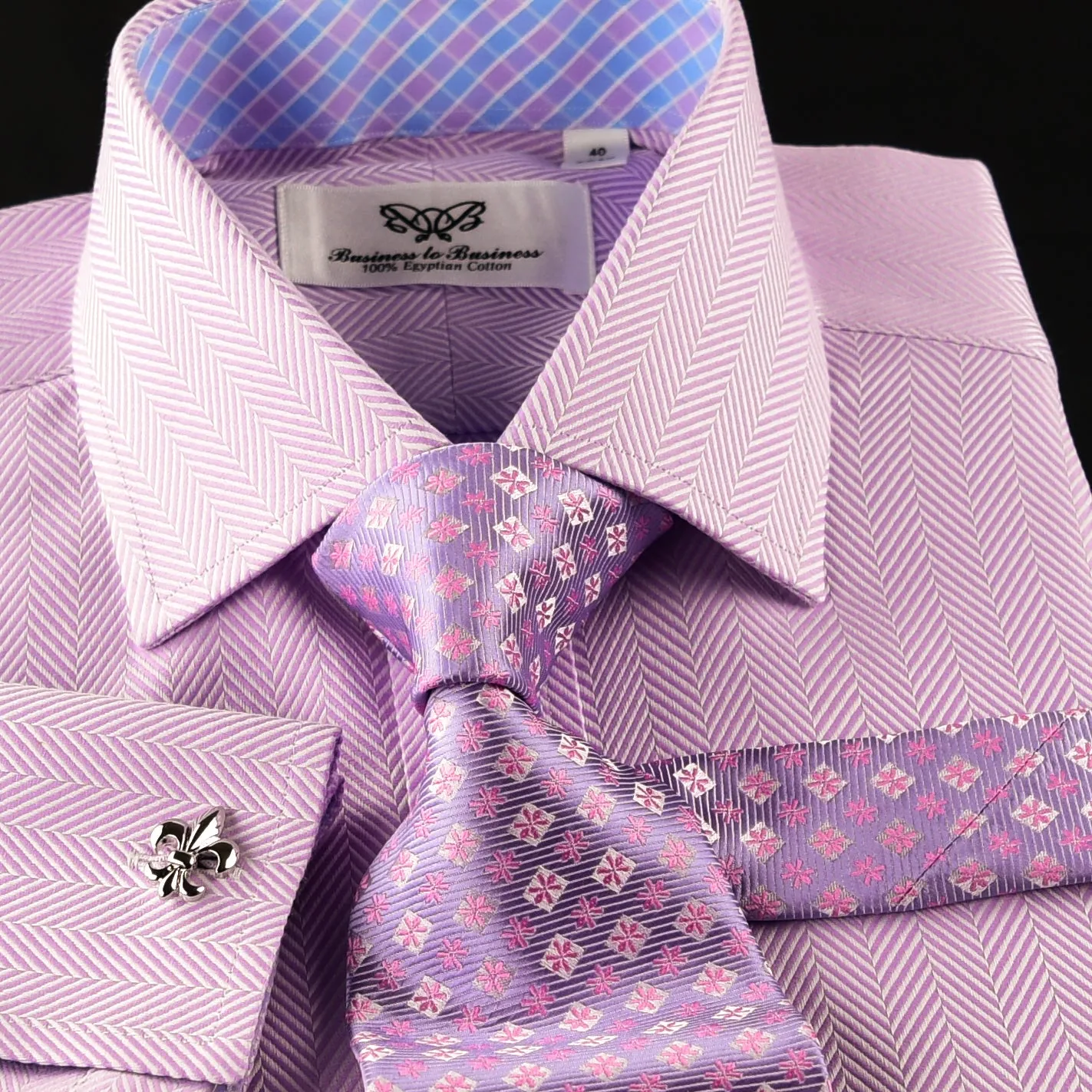 Lilac Herringbone Dress Shirt Luxury With Fancy Boss Inner Lining Double Cuff