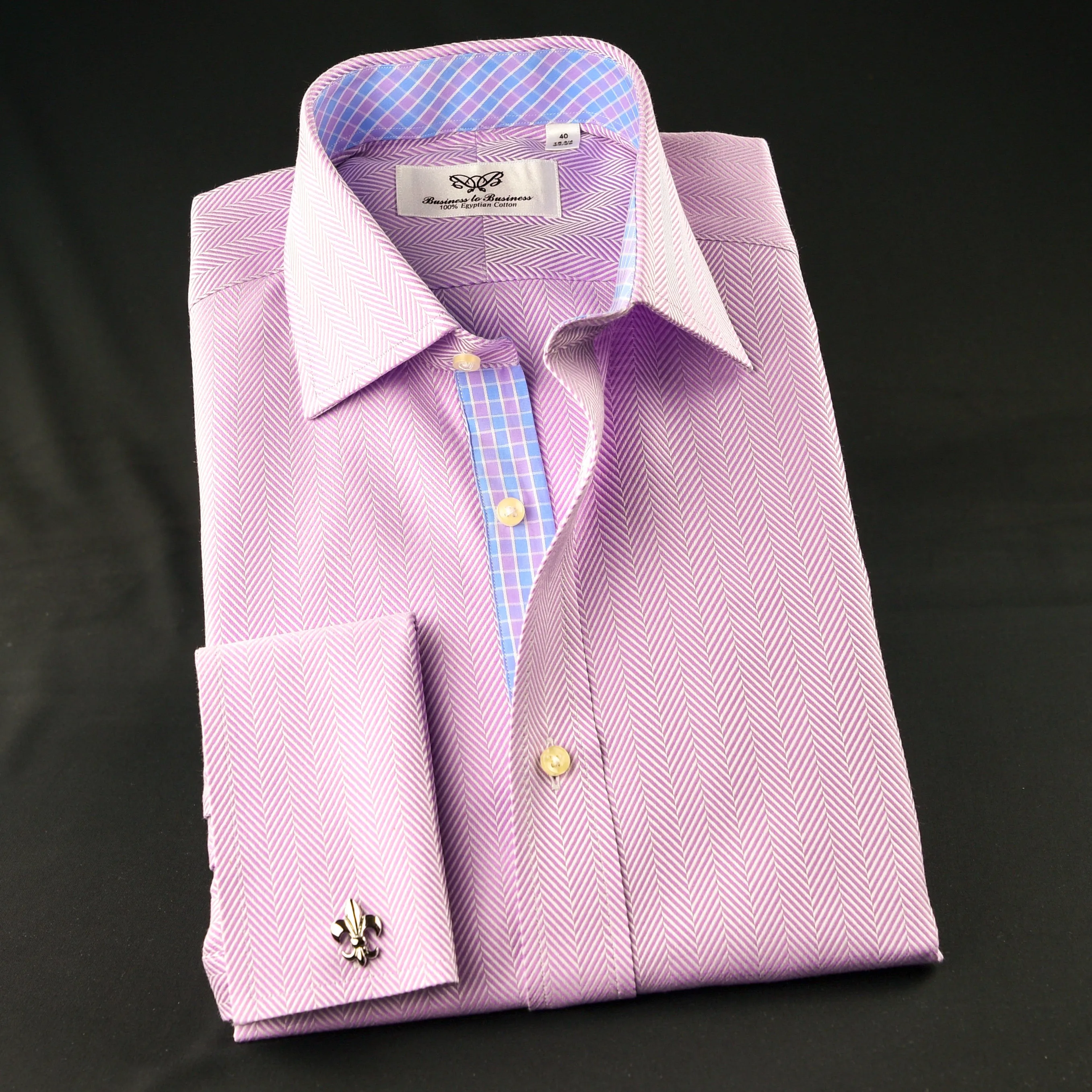 Lilac Herringbone Dress Shirt Luxury With Fancy Boss Inner Lining Double Cuff