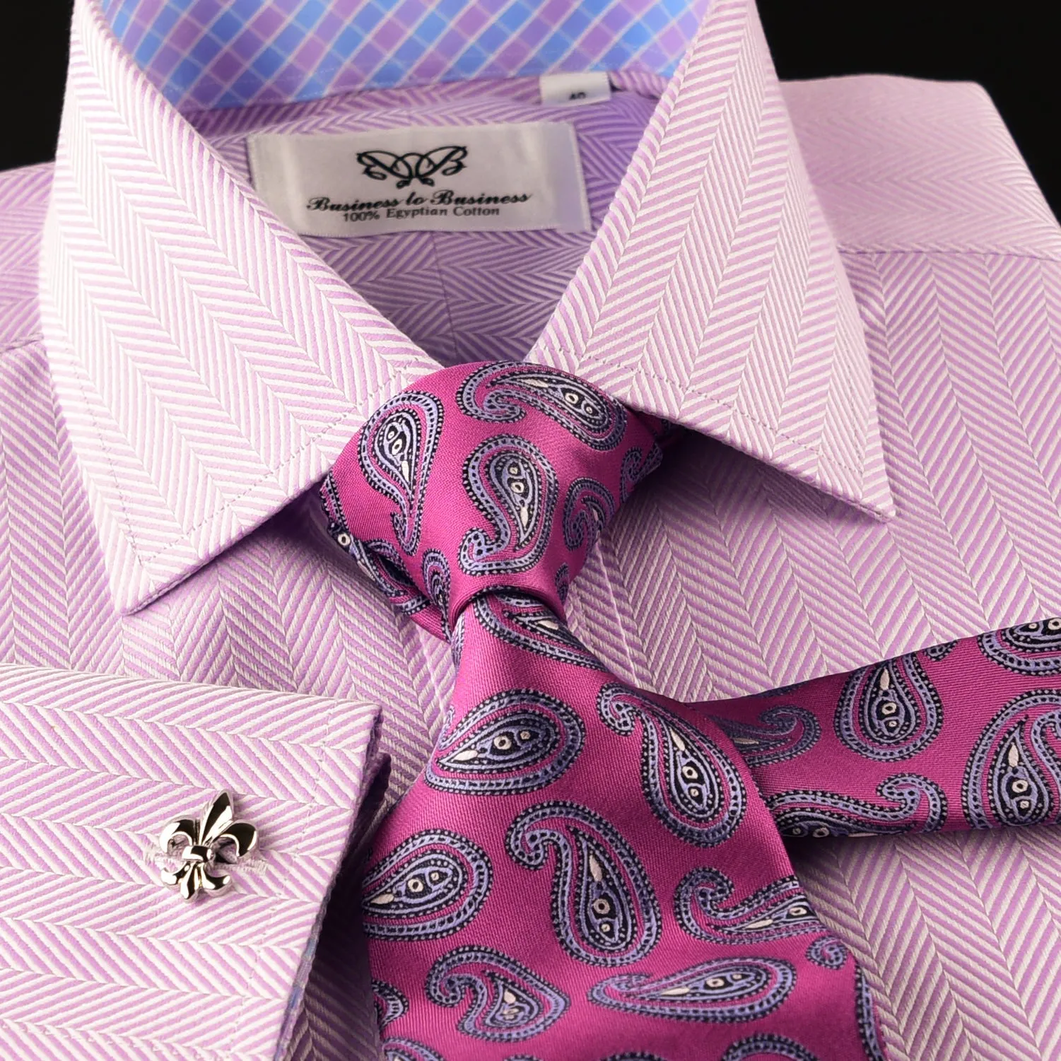 Lilac Herringbone Dress Shirt Luxury With Fancy Boss Inner Lining Double Cuff