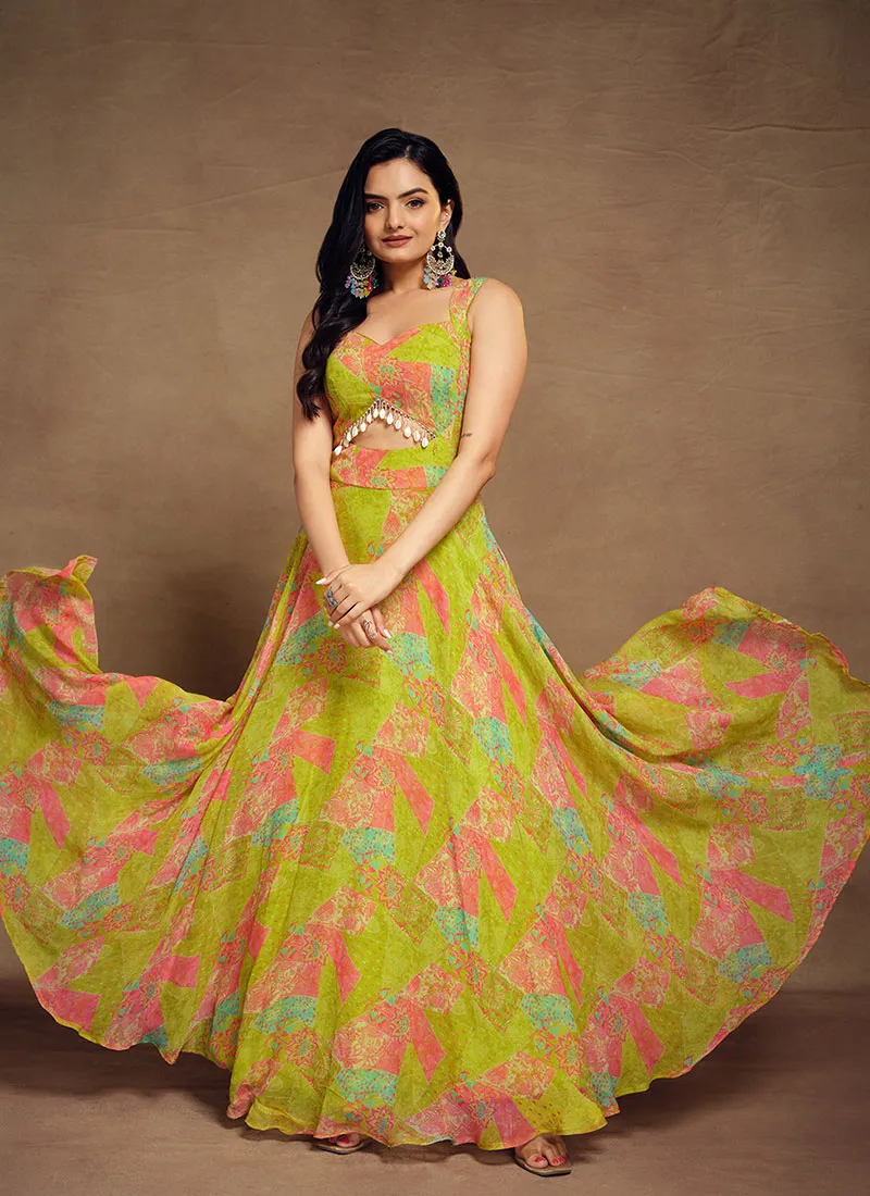 Lime Green Digital Printed Embellished Traditional Gown