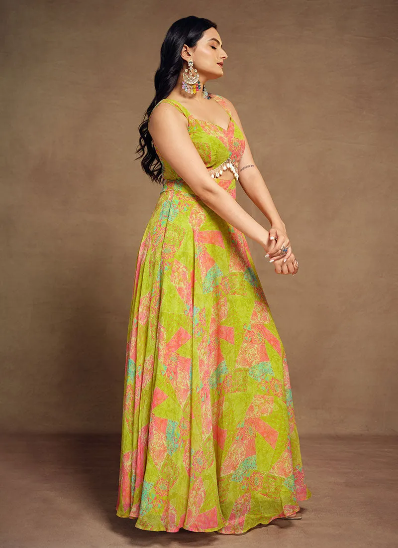 Lime Green Digital Printed Embellished Traditional Gown