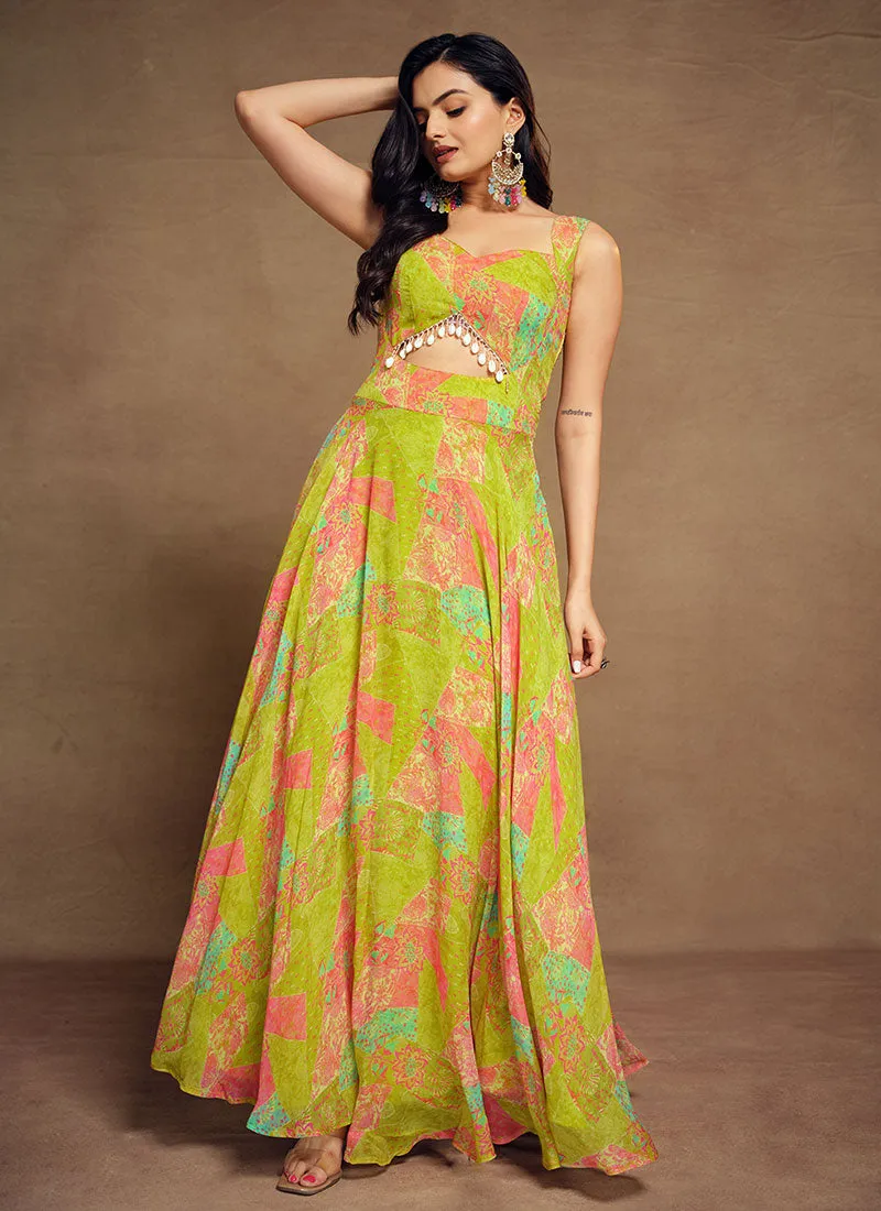 Lime Green Digital Printed Embellished Traditional Gown