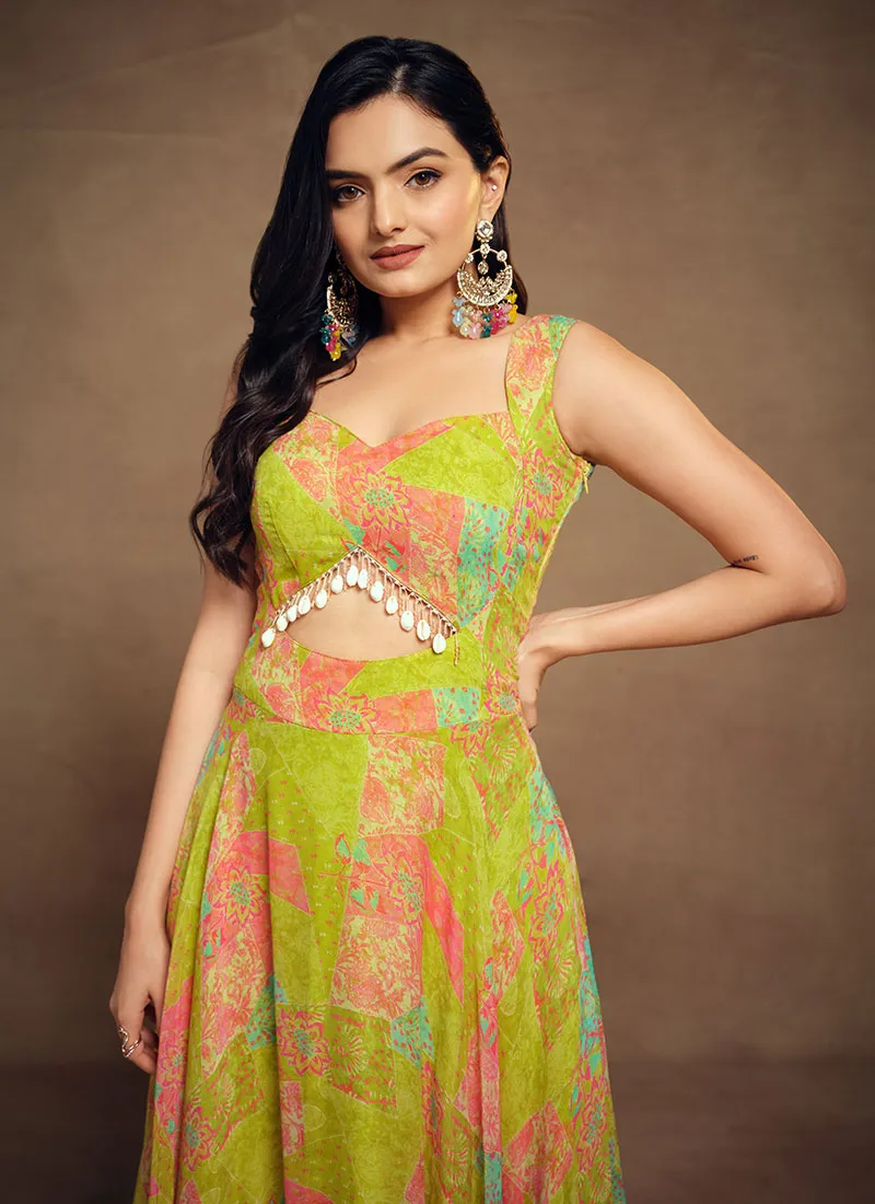 Lime Green Digital Printed Embellished Traditional Gown