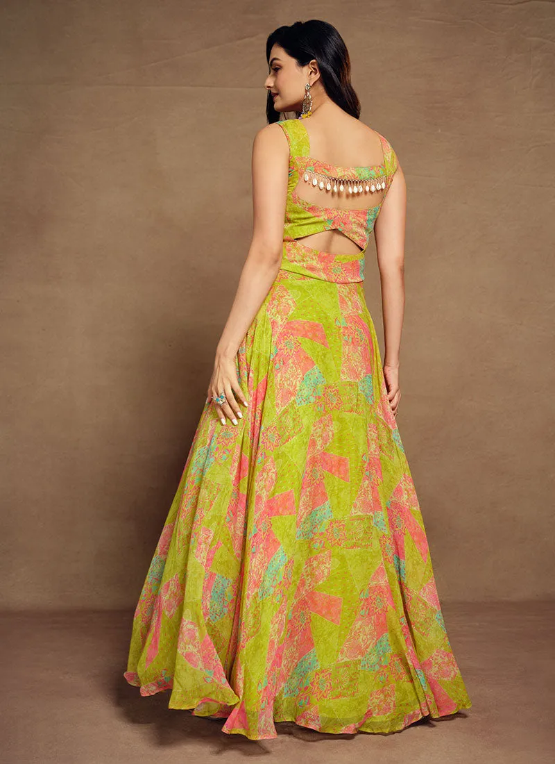 Lime Green Digital Printed Embellished Traditional Gown