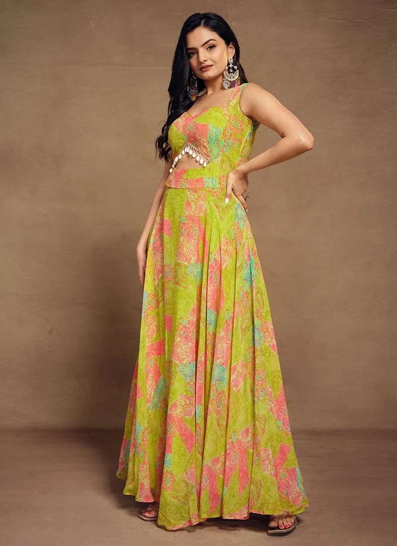 Lime Green Digital Printed Embellished Traditional Gown