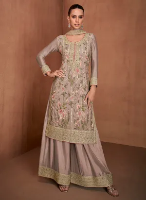 Mauve Floral Embroidery Festive Palazzo Suit