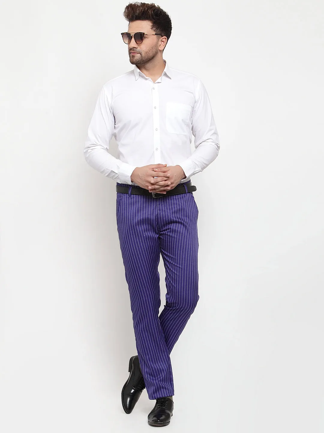 Men's Blue Cotton Striped Formal Trousers ( FGP 255Royal-Blue ) - Jainish