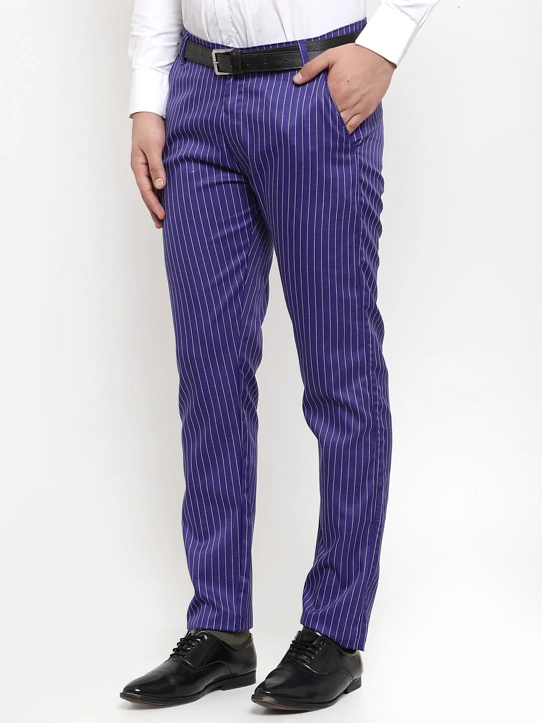 Men's Blue Cotton Striped Formal Trousers ( FGP 255Royal-Blue ) - Jainish