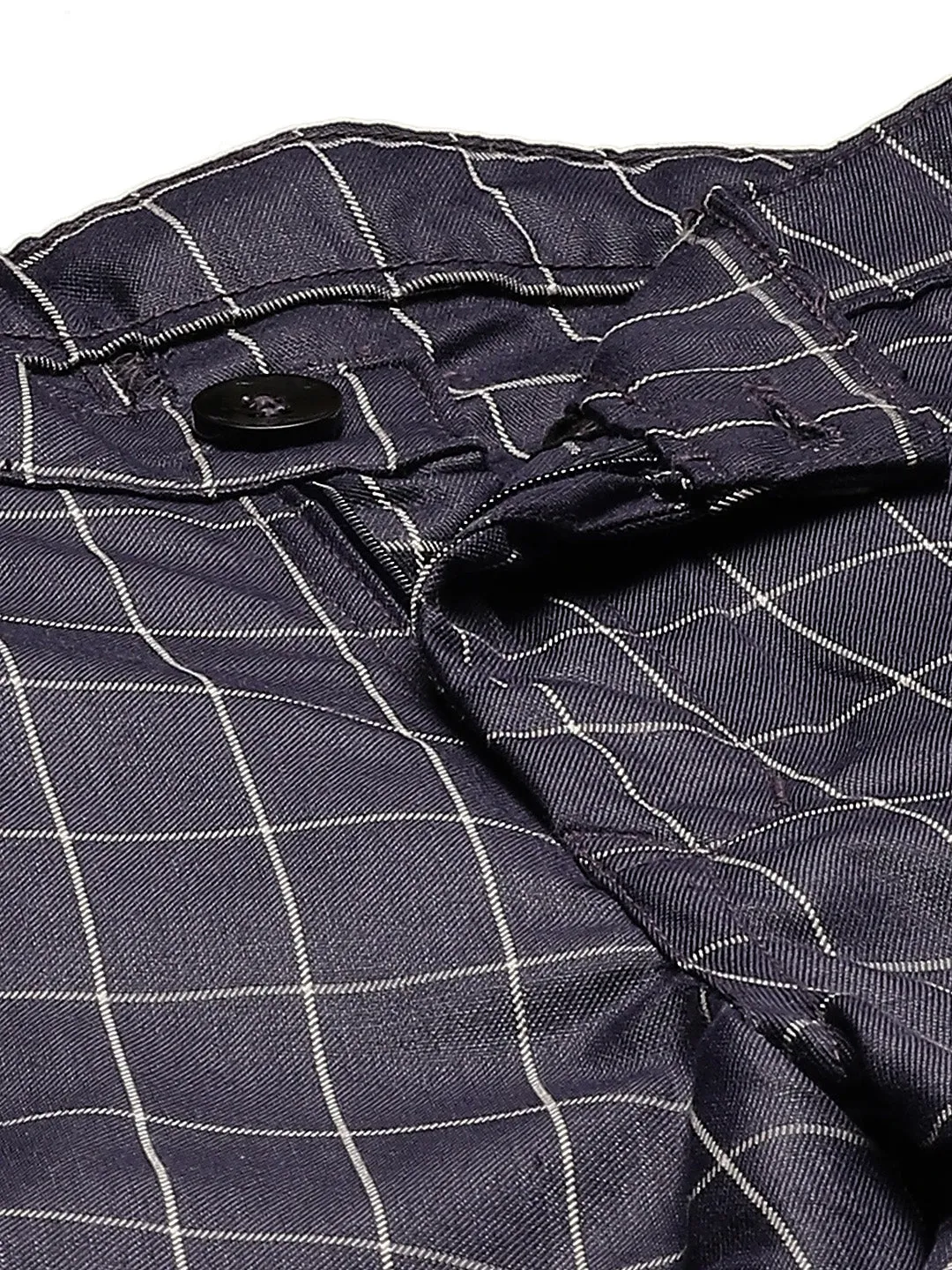 Men's Cotton Blend Navy Blue & Off White Checked Formal Trousers - Sojanya