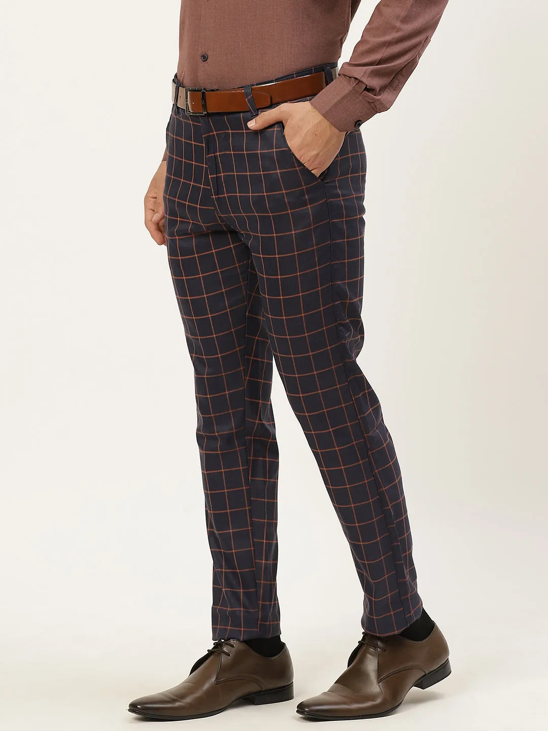 Men's Cotton Blend Navy Blue & Off White Checked Formal Trousers - Sojanya