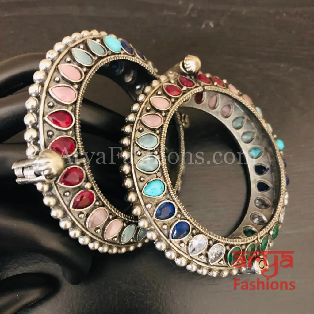 Multicolor Ethnic Silver Oxidized Bracelet/ Ethnic Bracelet /Size 2.4, 2.6