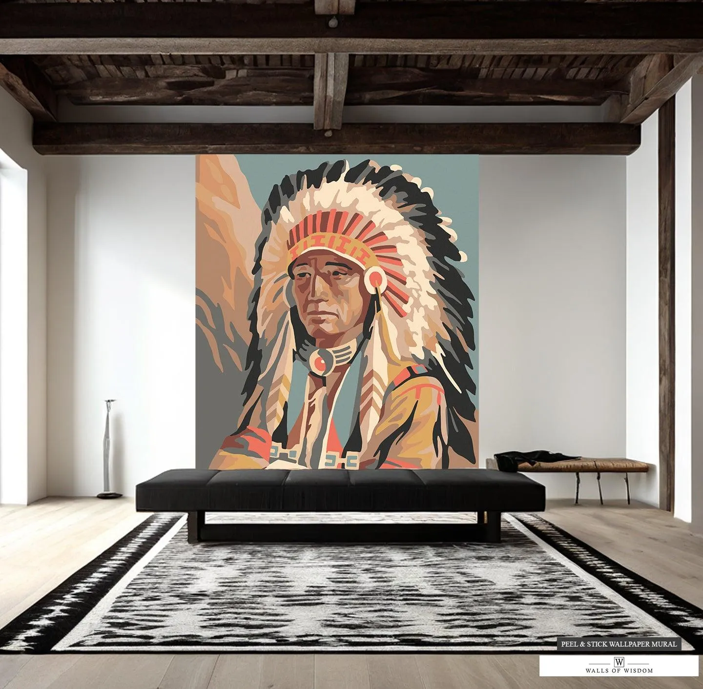 Native American Headdress Wall Mural - Earth Tone Tribal Art, Peel & Stick Wallpaper