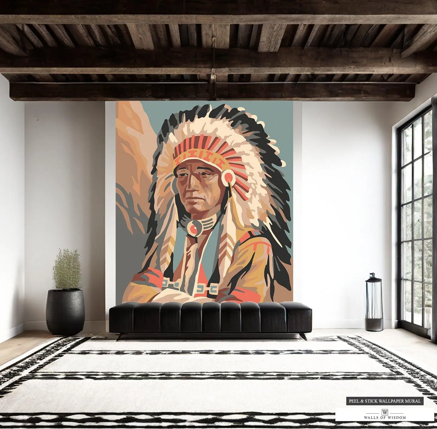 Native American Headdress Wall Mural - Earth Tone Tribal Art, Peel & Stick Wallpaper