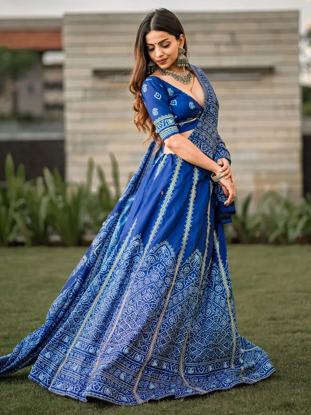 Navy Blue Color Bandhani Printed Vaishali Silk Lehenga With Blouse And Dupatta