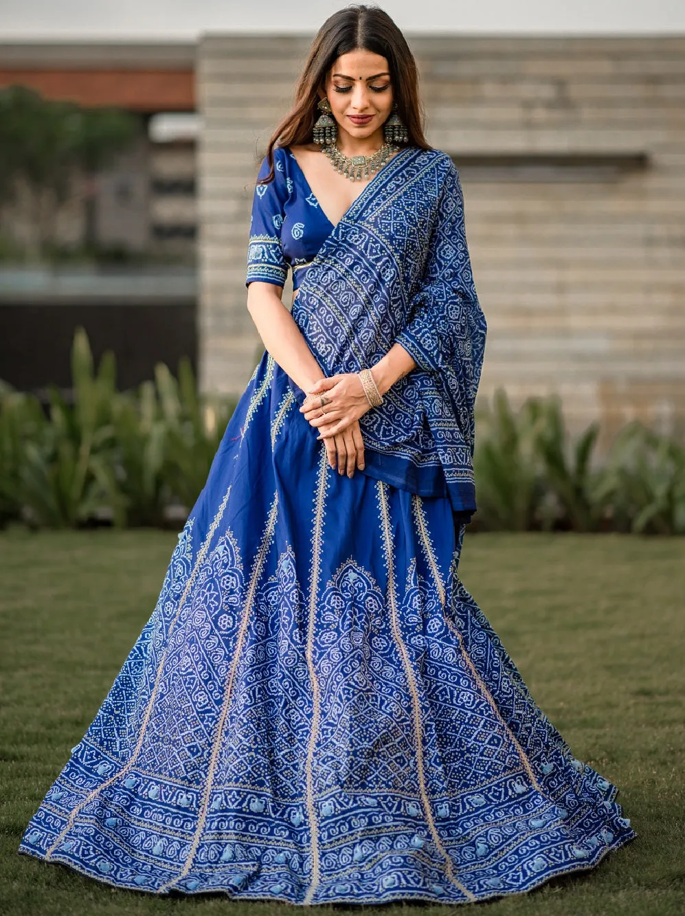 Navy Blue Color Bandhani Printed Vaishali Silk Lehenga With Blouse And Dupatta