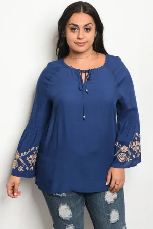 Navy Blue Embroidered Bell Sleeve Plus Size Top