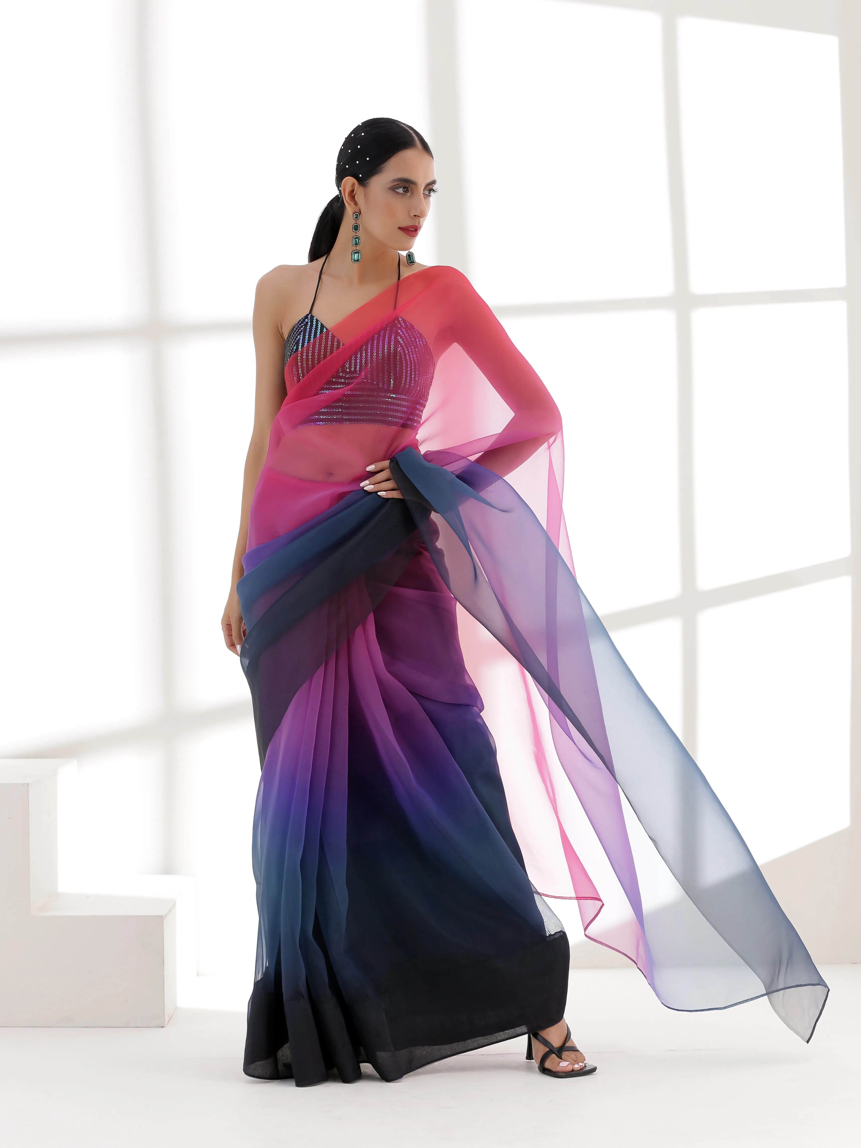 Pink & Blue Ombre Organza Printed Saree