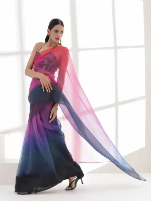 Pink & Blue Ombre Organza Printed Saree