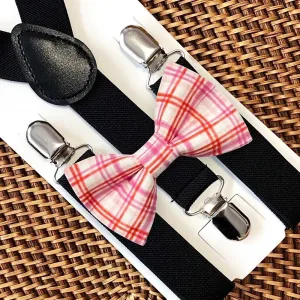 Pink & Red Plaid & Black Elastic Suspenders Set