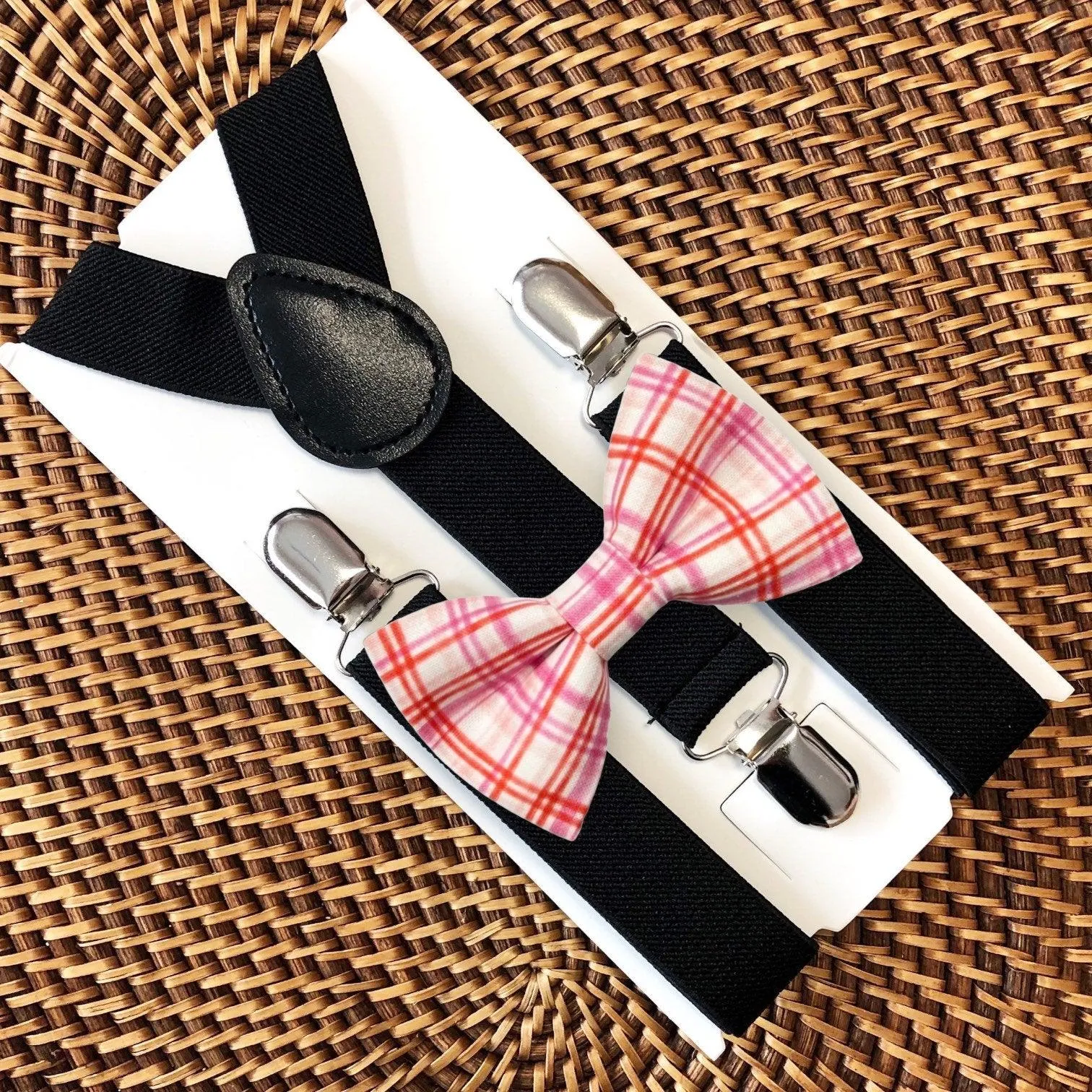 Pink & Red Plaid & Black Elastic Suspenders Set