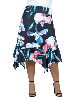 Plus Size Elastic Waist Floral Knee Length Handkerchief Hemline Skirt