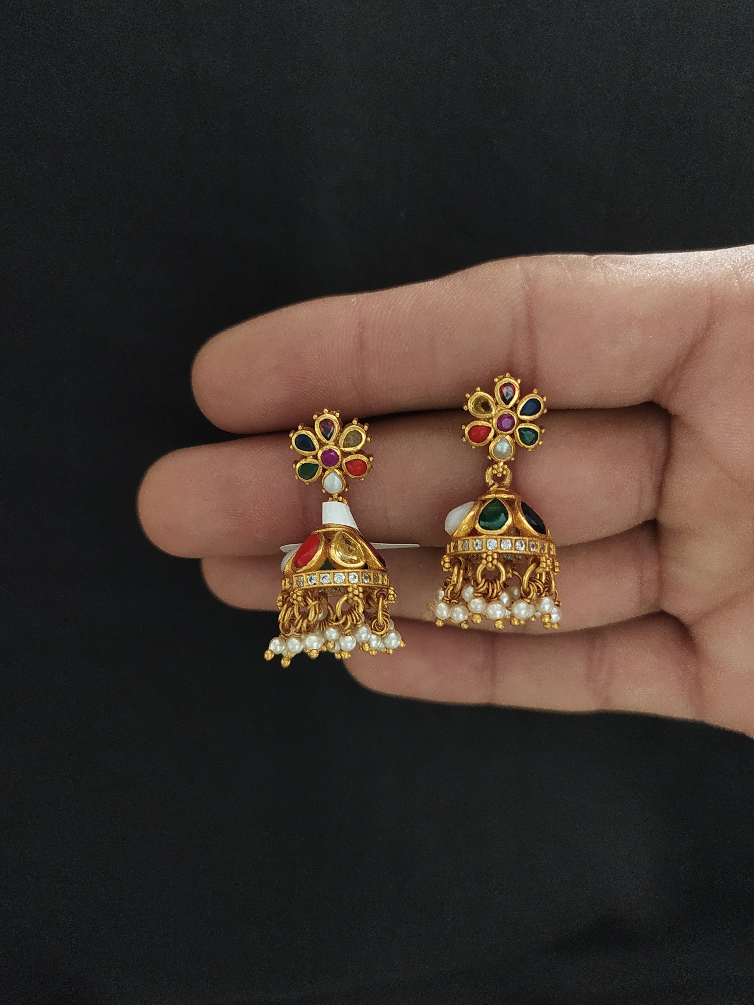 Pure Silver Navaratna Jhumki with Semi-Precious Stones & Screw-Back Closure