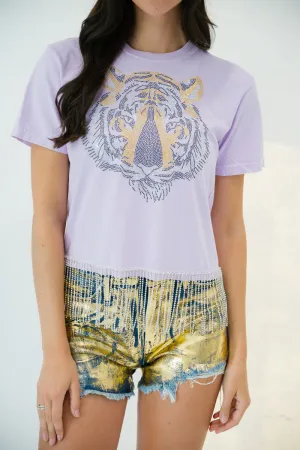 PURPLE TIGER HEAD FRINGE TEE