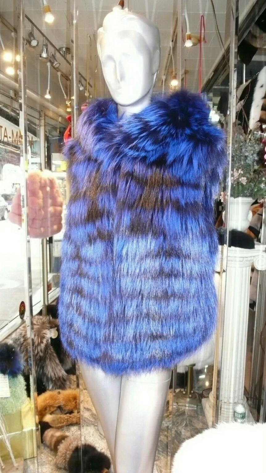 Rare and Gorgeous Shade Fox Fur Vest with Hood Royal Blue