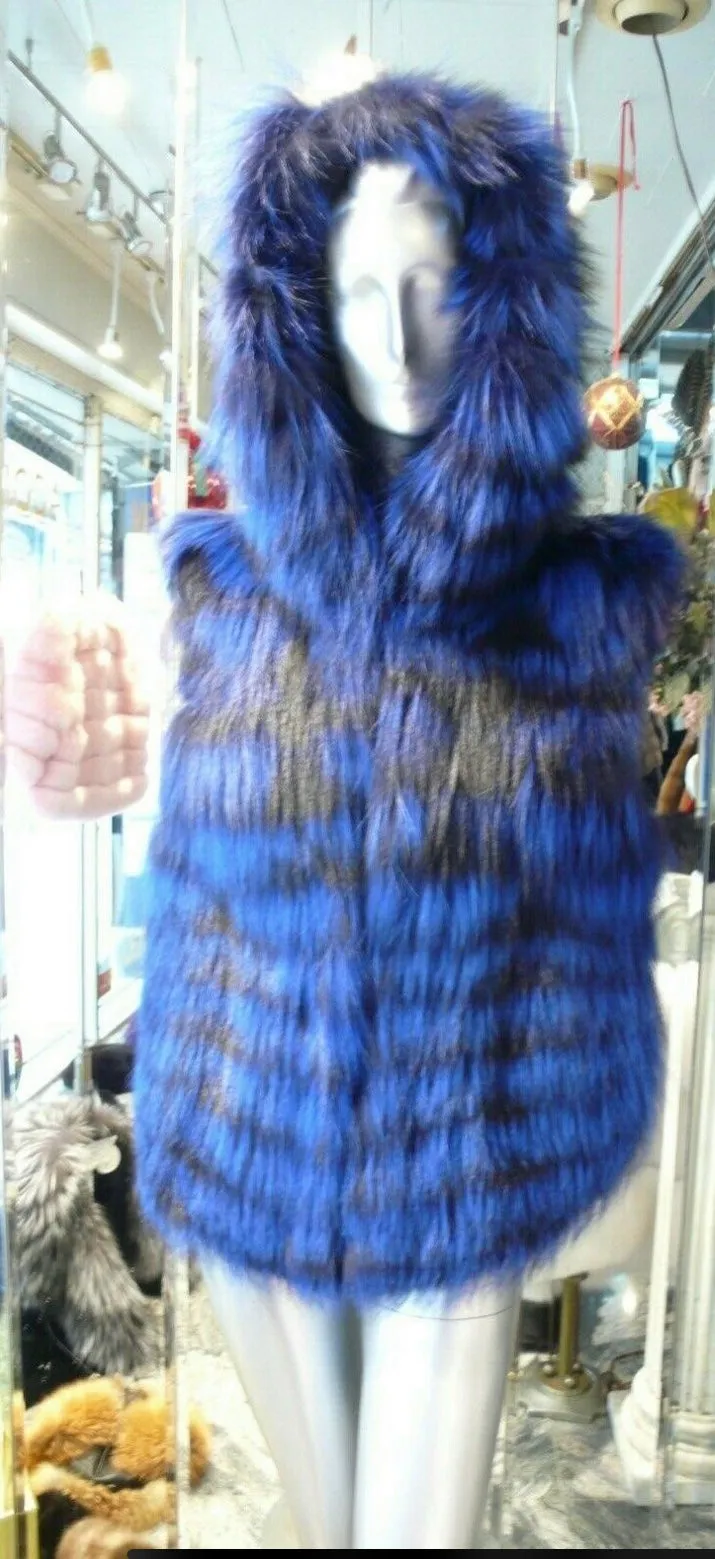 Rare and Gorgeous Shade Fox Fur Vest with Hood Royal Blue