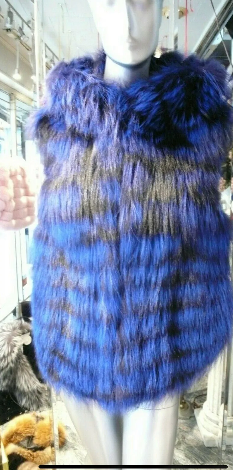 Rare and Gorgeous Shade Fox Fur Vest with Hood Royal Blue