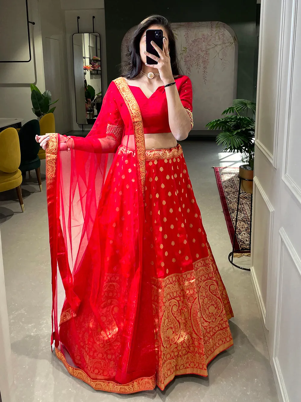 Red Color Weaving Zari Work Jacquard Silk Lehenga Choli With Net Dupatta