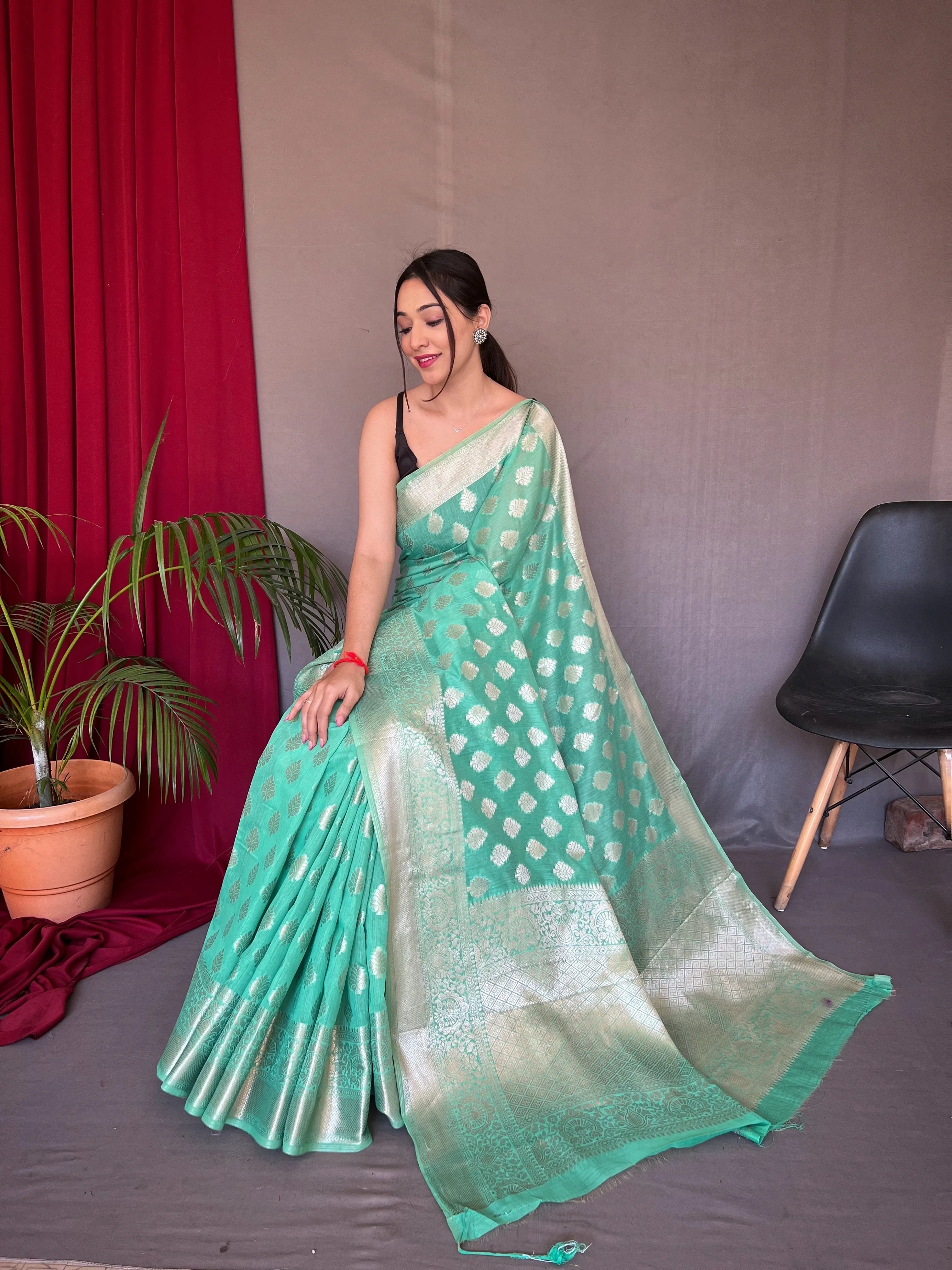 Seafoam Blue Man Mohini Cotton Muslin Woven Saree