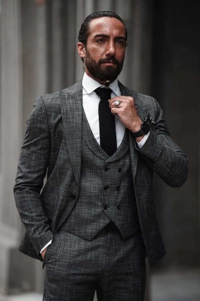 Self-Patterned Charcoal Gray Suit