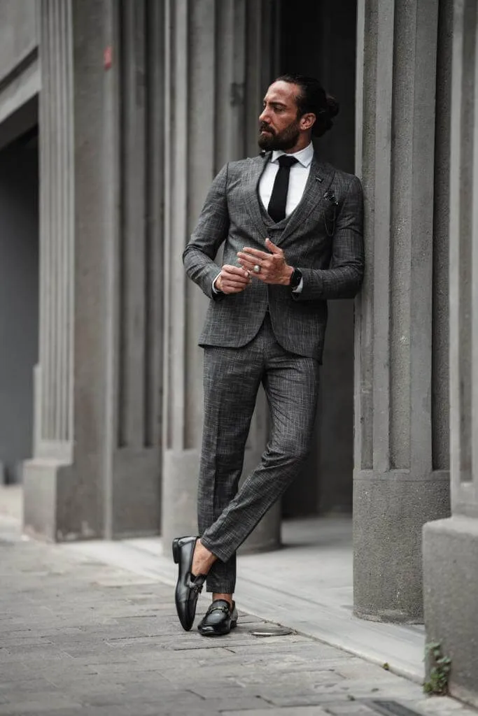 Self-Patterned Charcoal Gray Suit