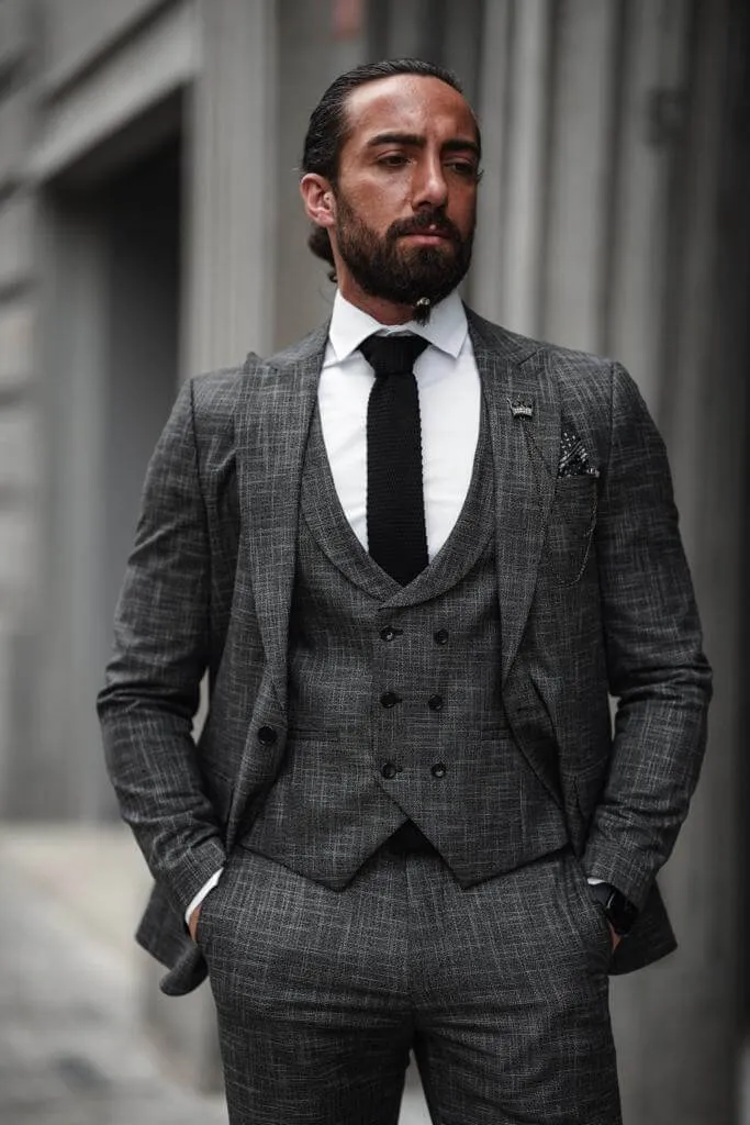 Self-Patterned Charcoal Gray Suit