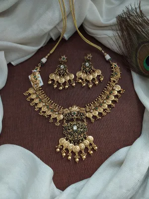 Traditional Antique Emerald Necklace Set with Lord Lakshmi Coins