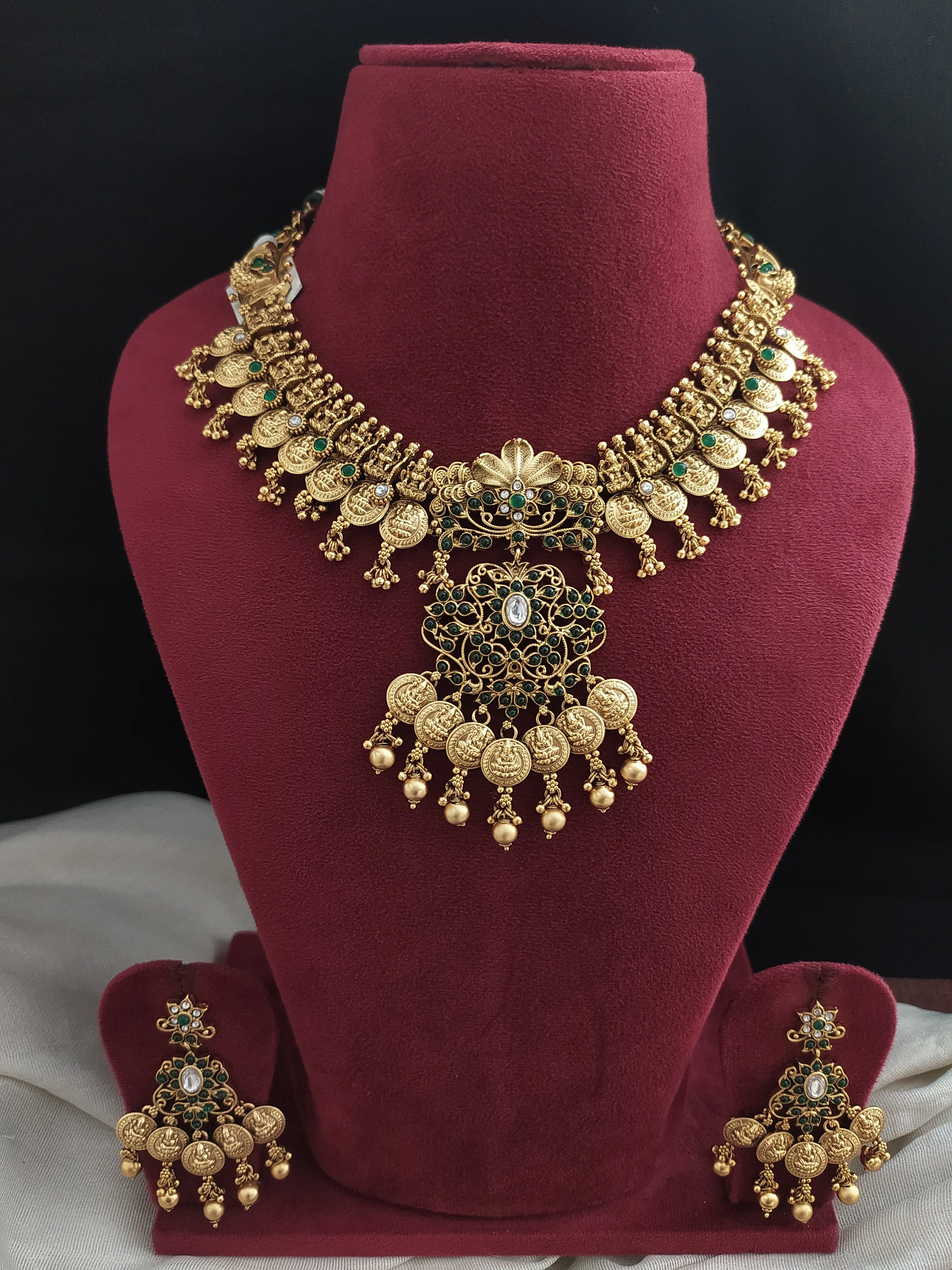 Traditional Antique Emerald Necklace Set with Lord Lakshmi Coins