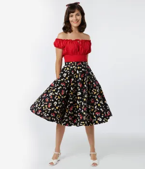 Vintage Style Black & Mushroom Print Swing Skirt