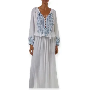 White Blue Embroidered Kaftan Dress