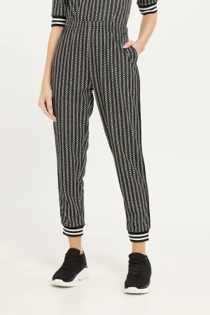 Women Black And White Jacquard Jogger Pants