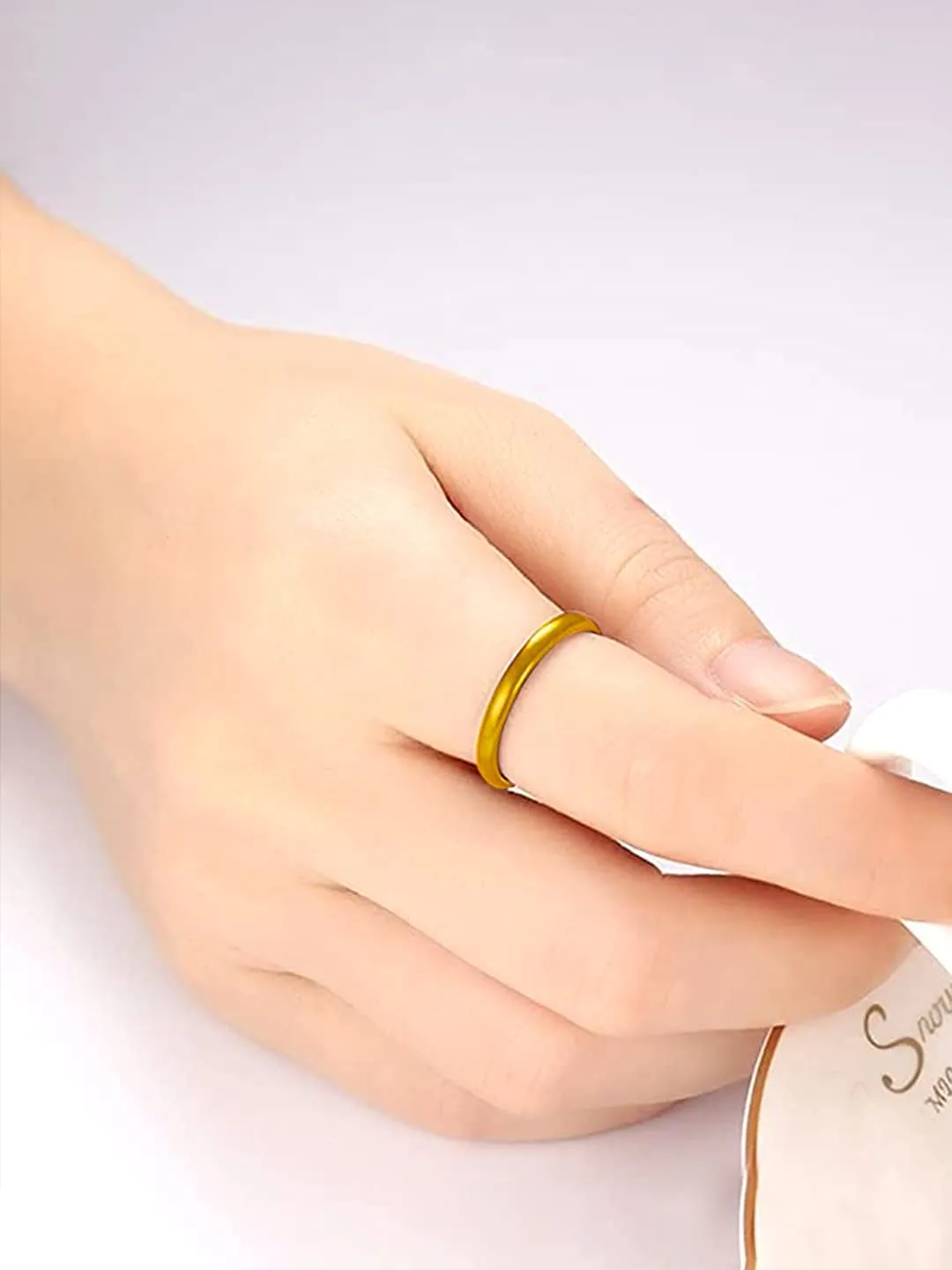 Yellow Chimes Ring for Women Set of 3 Plain Gold Silver and Black Band Designed Ring for Women and Girls(Size US 6)