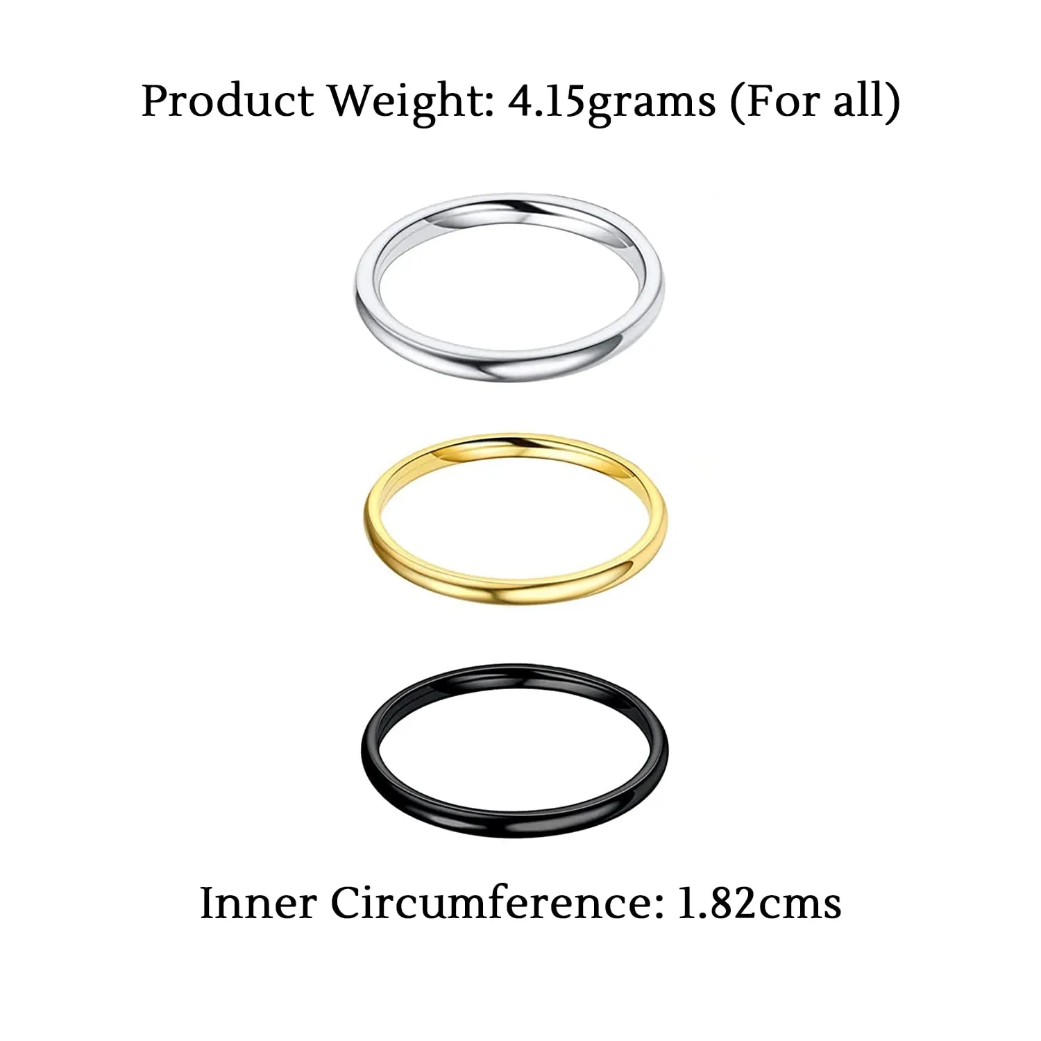 Yellow Chimes Ring for Women Set of 3 Plain Gold Silver and Black Band Designed Ring for Women and Girls(Size US 6)