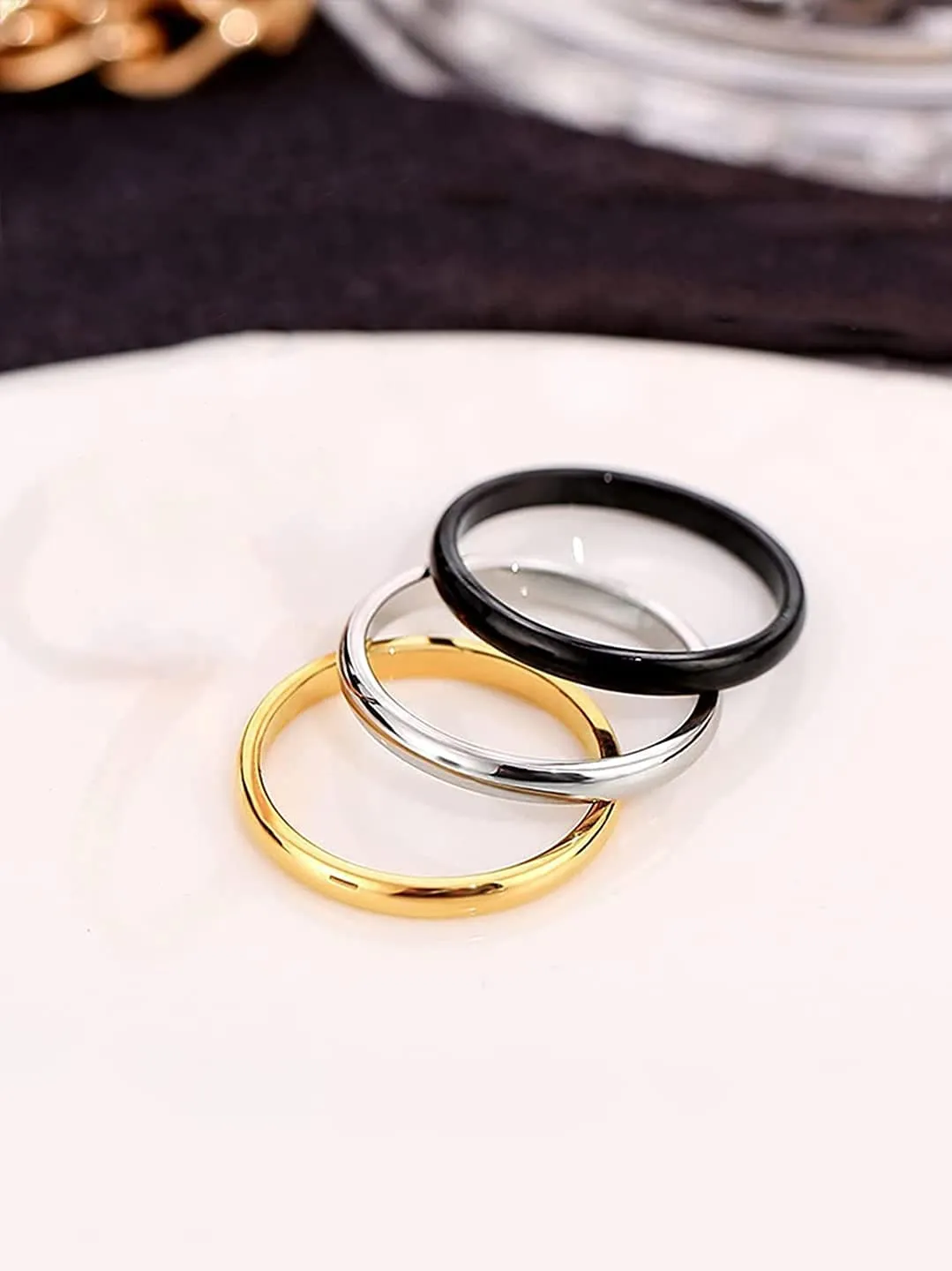 Yellow Chimes Ring for Women Set of 3 Plain Gold Silver and Black Band Designed Ring for Women and Girls(Size US 6)